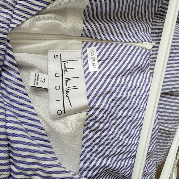 Nicole Miller Studio Embroidered Cotton Dress - Blue Pinstripe, Sunny Yellow Tri - Picture 3 of 3